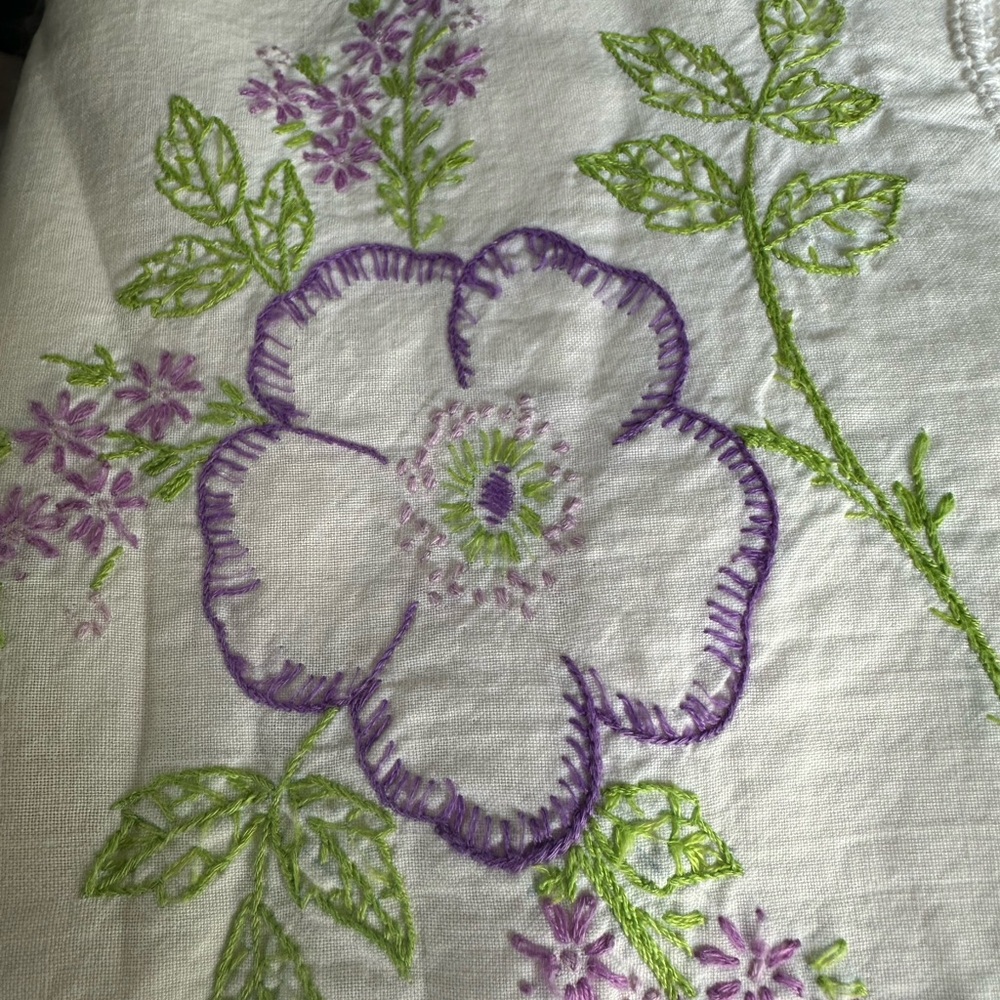 Old Hand-Embroidered Floral pillowcases with Purple and Green clovers